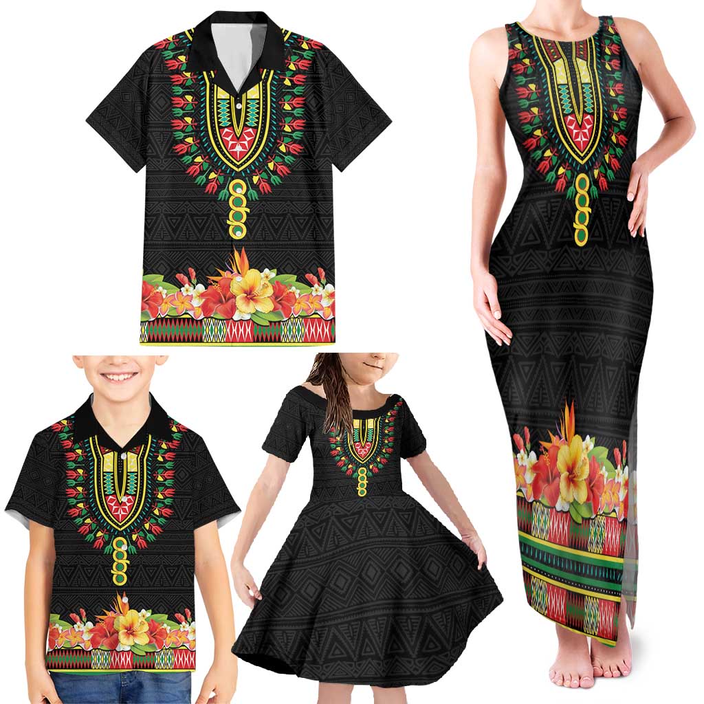 Personalized Hibiscus Mix Dashiki African Pattern Family Matching Tank Maxi Dress and Hawaiian Shirt Adinkra Symbol - Wonder Print Shop