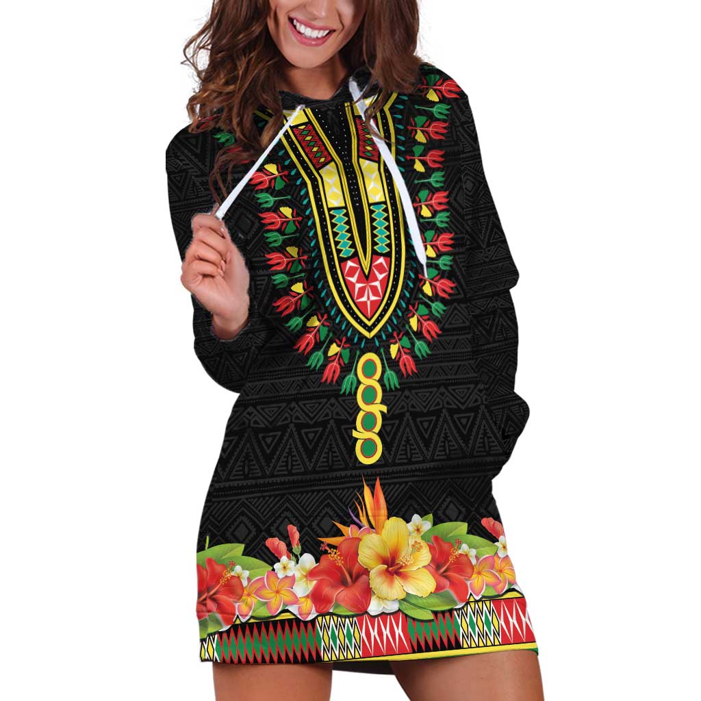 Personalized Hibiscus Mix Dashiki African Pattern Hoodie Dress Adinkra Symbol - Wonder Print Shop