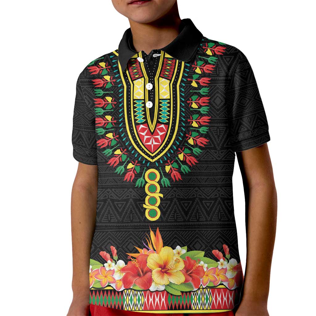 Personalized Hibiscus Mix Dashiki African Pattern Kid Polo Shirt Adinkra Symbol - Wonder Print Shop