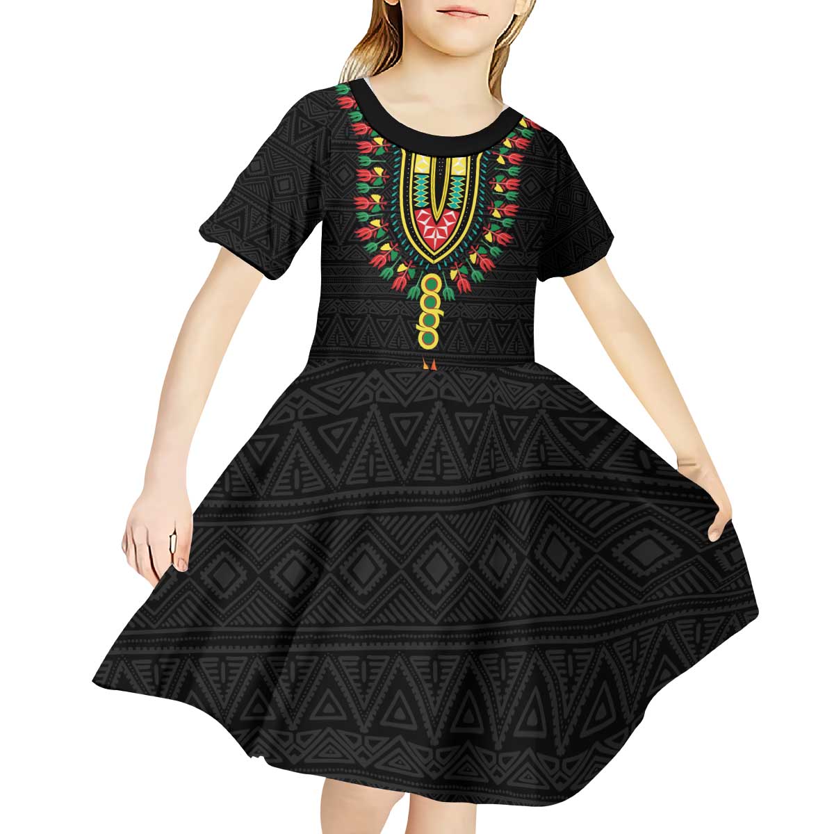 Personalized Hibiscus Mix Dashiki African Pattern Kid Short Sleeve Dress Adinkra Symbol - Wonder Print Shop