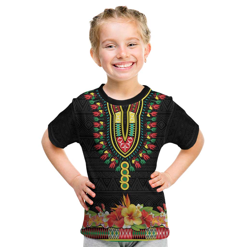 Personalized Hibiscus Mix Dashiki African Pattern Kid T Shirt Adinkra Symbol - Wonder Print Shop