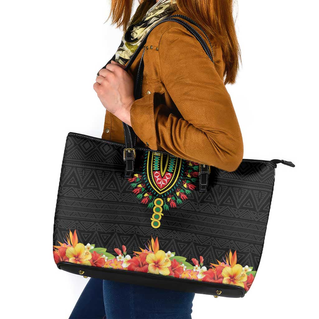 Hibiscus Mix Dashiki African Pattern Leather Tote Bag Adinkra Symbol - Wonder Print Shop