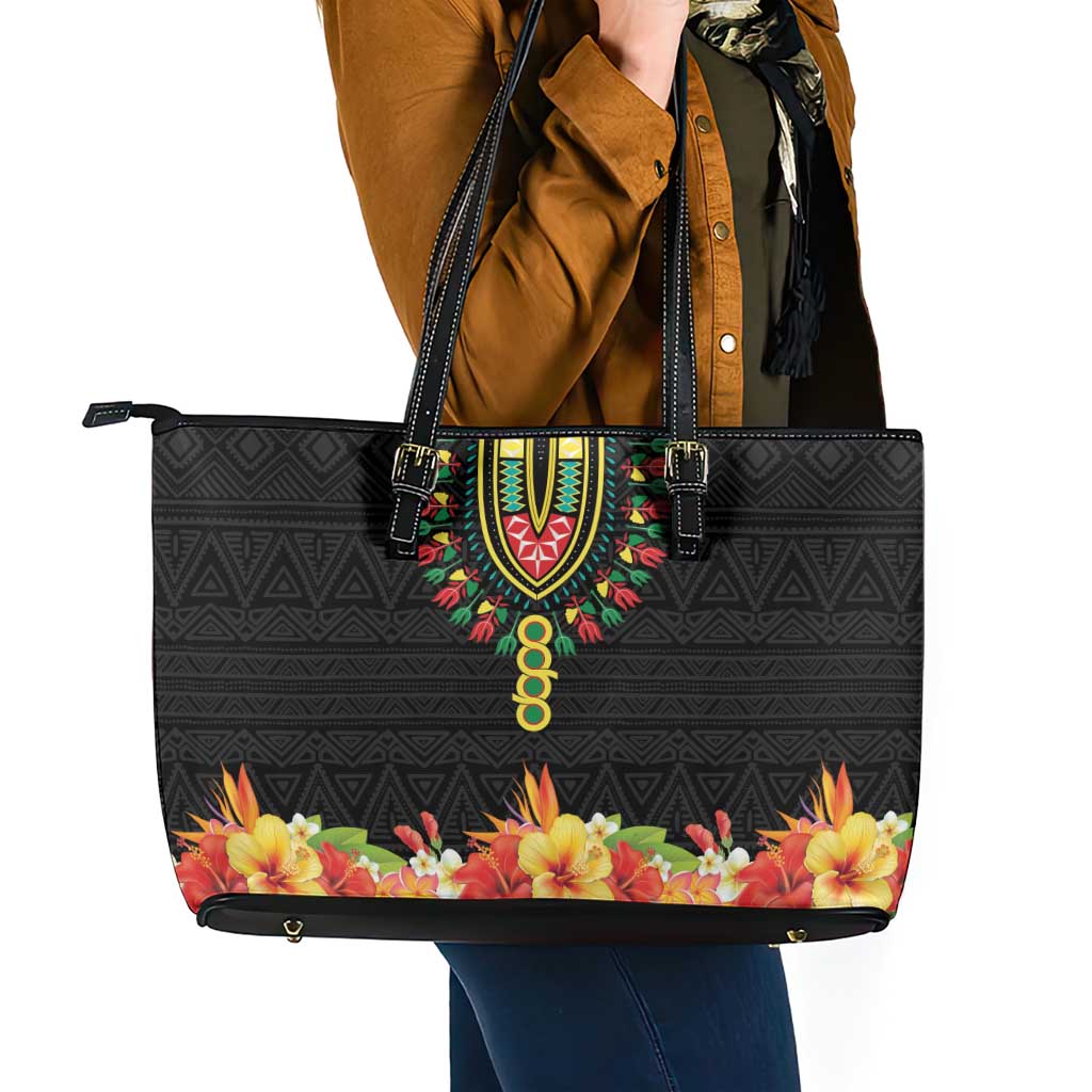Hibiscus Mix Dashiki African Pattern Leather Tote Bag Adinkra Symbol - Wonder Print Shop