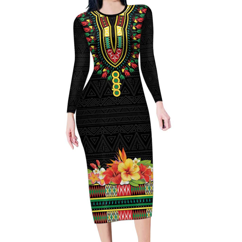 Personalized Hibiscus Mix Dashiki African Pattern Long Sleeve Bodycon Dress Adinkra Symbol - Wonder Print Shop