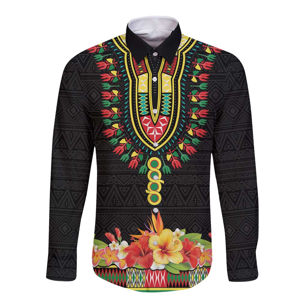 Personalized Hibiscus Mix Dashiki African Pattern Long Sleeve Button Shirt Adinkra Symbol - Wonder Print Shop