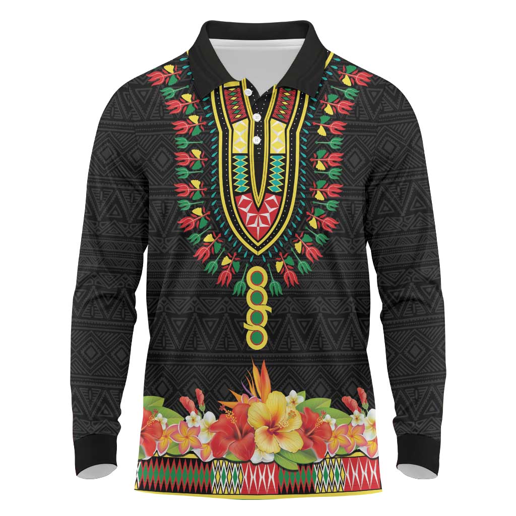 Personalized Hibiscus Mix Dashiki African Pattern Long Sleeve Polo Shirt Adinkra Symbol - Wonder Print Shop