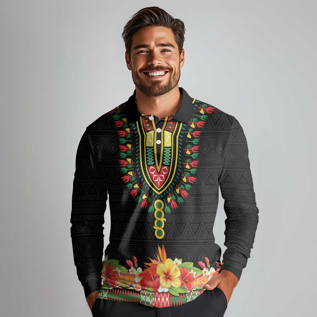 Personalized Hibiscus Mix Dashiki African Pattern Long Sleeve Polo Shirt Adinkra Symbol - Wonder Print Shop