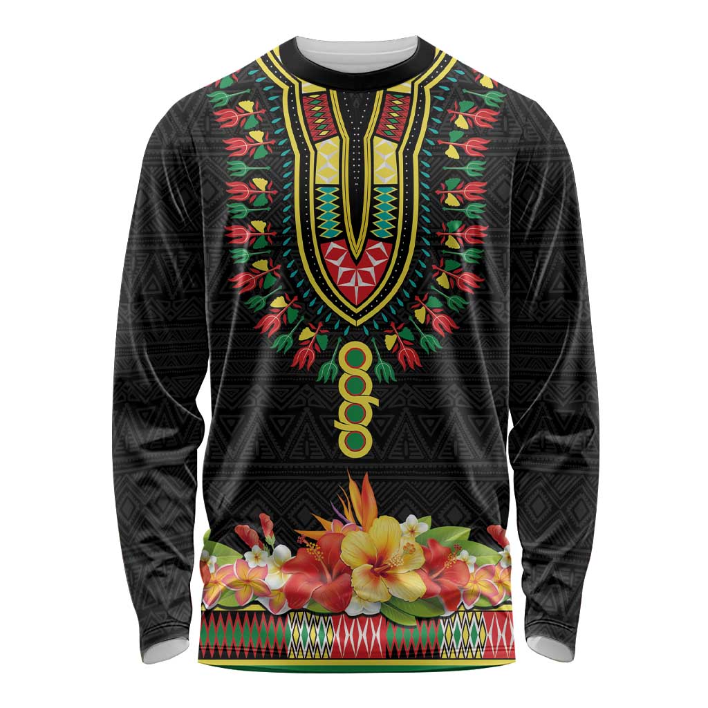 Personalized Hibiscus Mix Dashiki African Pattern Long Sleeve Shirt Adinkra Symbol - Wonder Print Shop