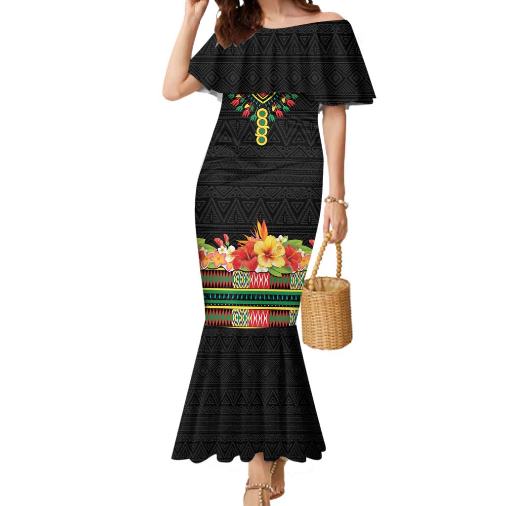 Personalized Hibiscus Mix Dashiki African Pattern Mermaid Dress Adinkra Symbol - Wonder Print Shop