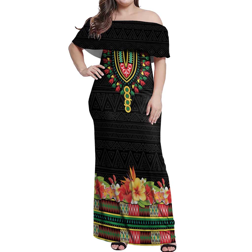 Personalized Hibiscus Mix Dashiki African Pattern Off Shoulder Maxi Dress Adinkra Symbol - Wonder Print Shop