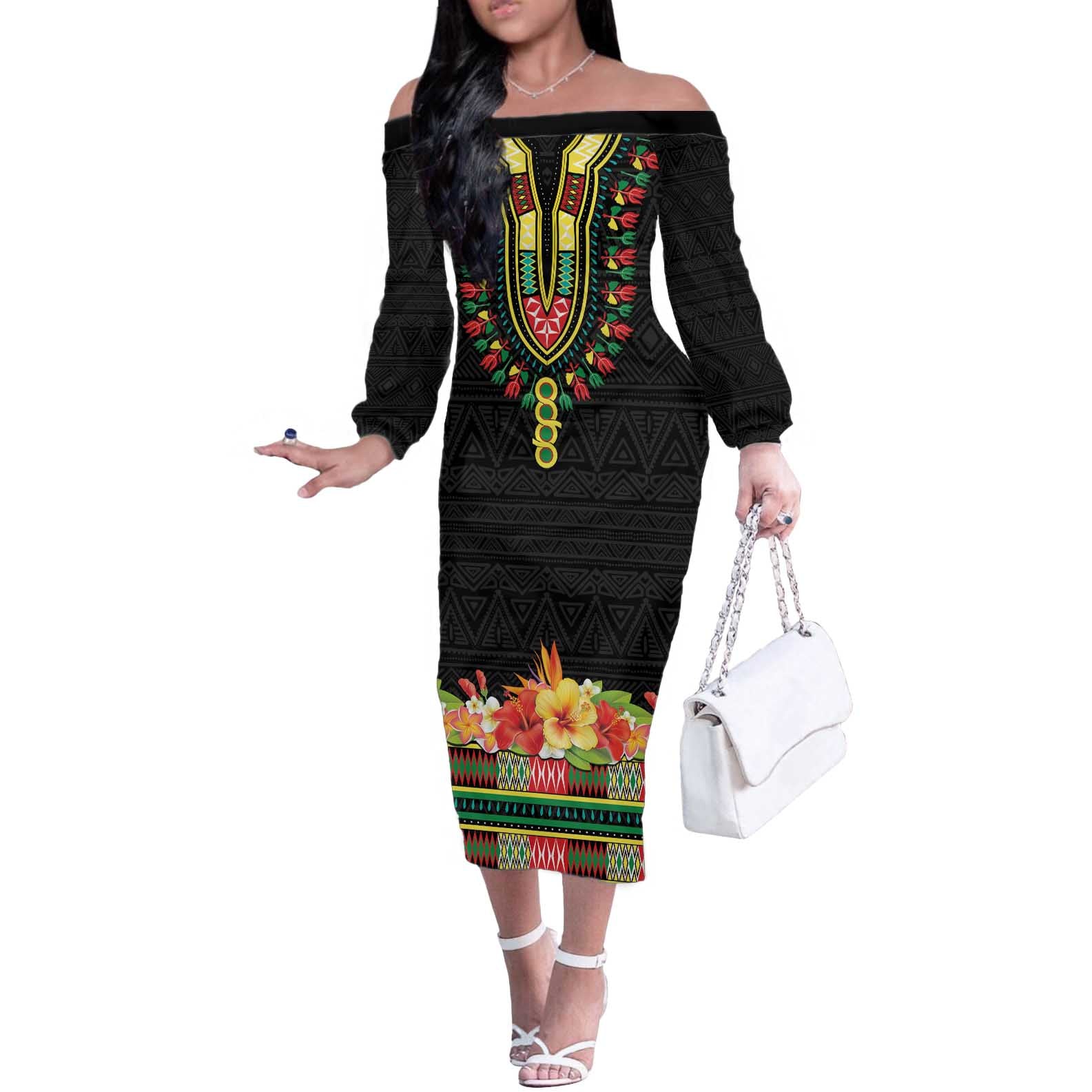 Personalized Hibiscus Mix Dashiki African Pattern Off The Shoulder Long Sleeve Dress Adinkra Symbol - Wonder Print Shop