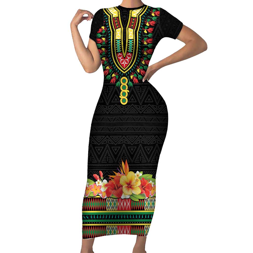 Personalized Hibiscus Mix Dashiki African Pattern Short Sleeve Bodycon Dress Adinkra Symbol - Wonder Print Shop