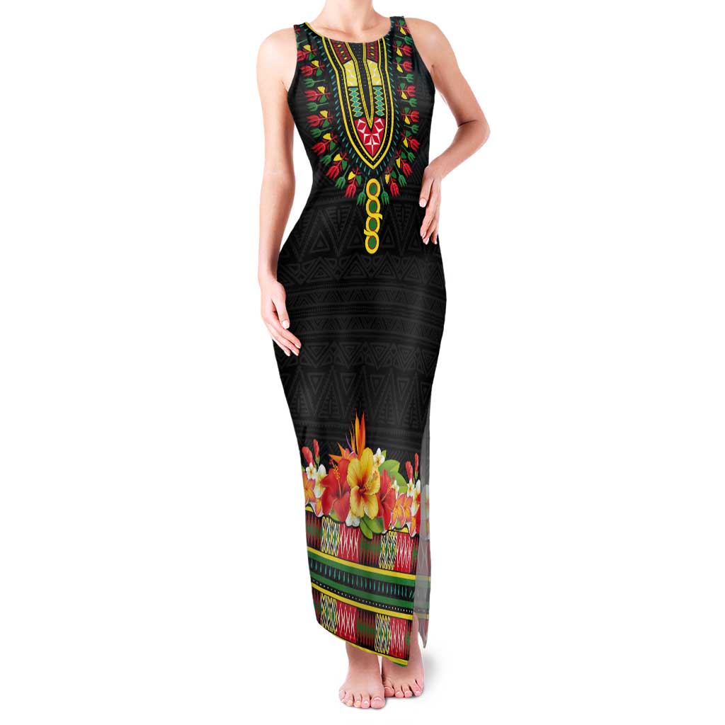 Personalized Hibiscus Mix Dashiki African Pattern Tank Maxi Dress Adinkra Symbol - Wonder Print Shop