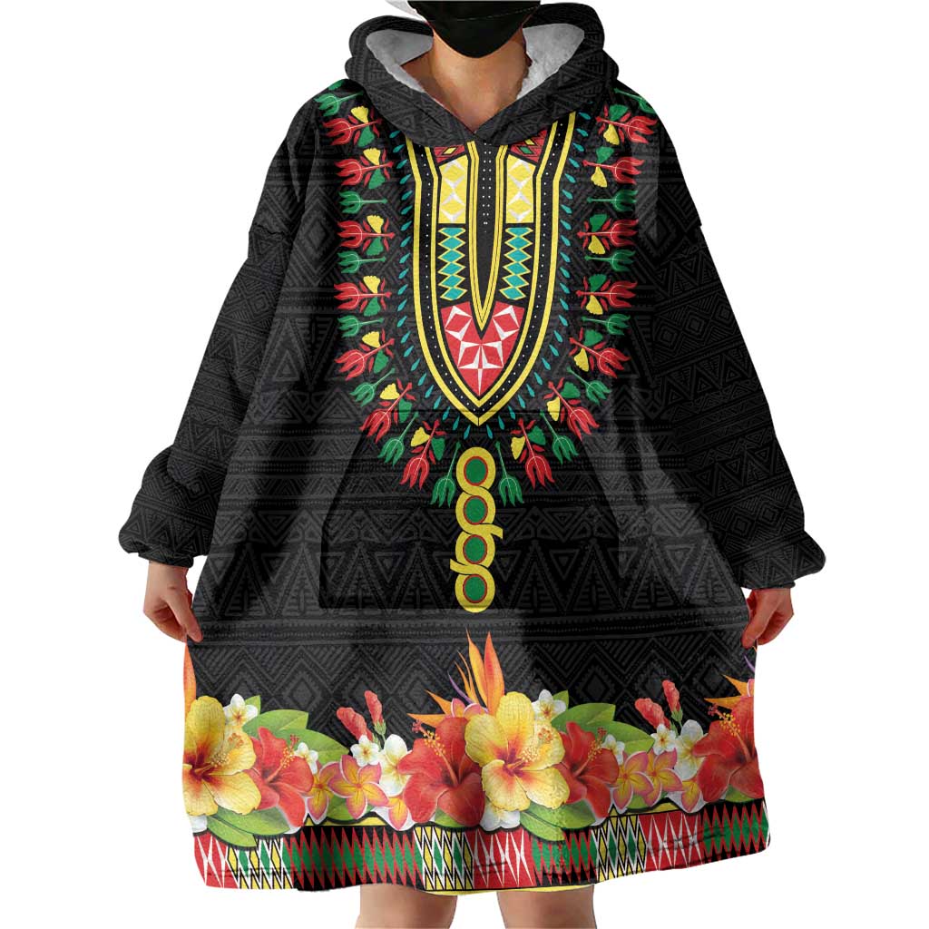 Personalized Hibiscus Mix Dashiki African Pattern Wearable Blanket Hoodie Adinkra Symbol - Wonder Print Shop
