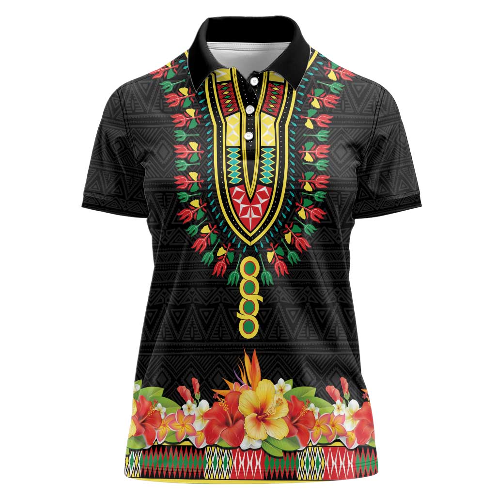 Personalized Hibiscus Mix Dashiki African Pattern Women Polo Shirt Adinkra Symbol - Wonder Print Shop