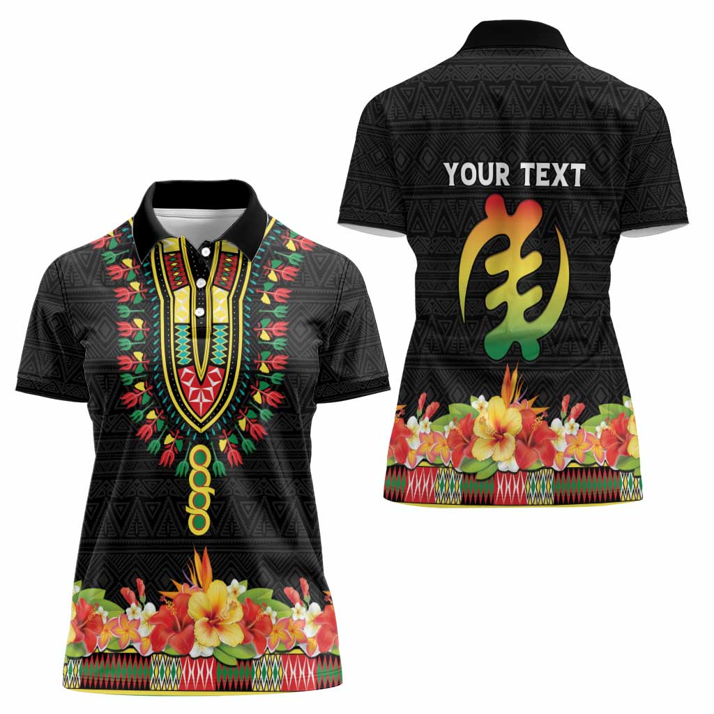 Personalized Hibiscus Mix Dashiki African Pattern Women Polo Shirt Adinkra Symbol - Wonder Print Shop