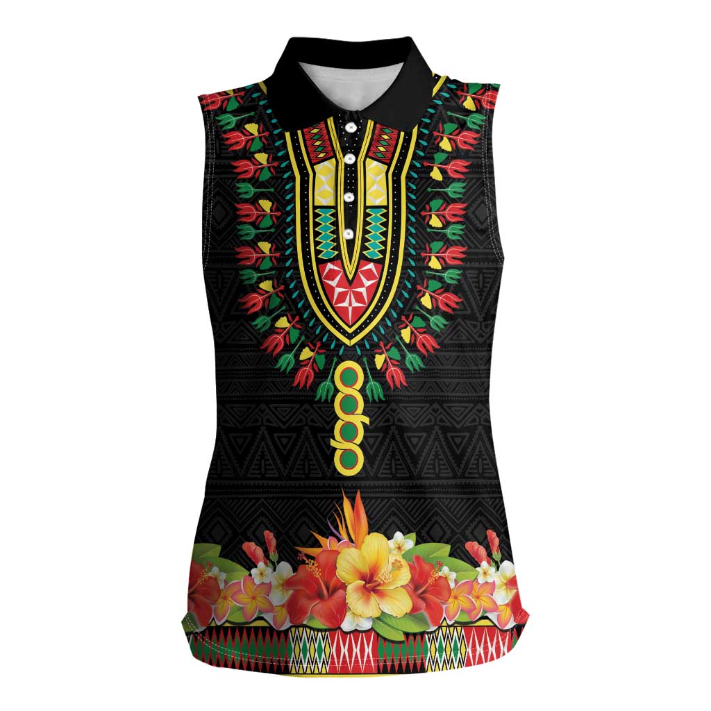 Personalized Hibiscus Mix Dashiki African Pattern Women Sleeveless Polo Shirt Adinkra Symbol - Wonder Print Shop