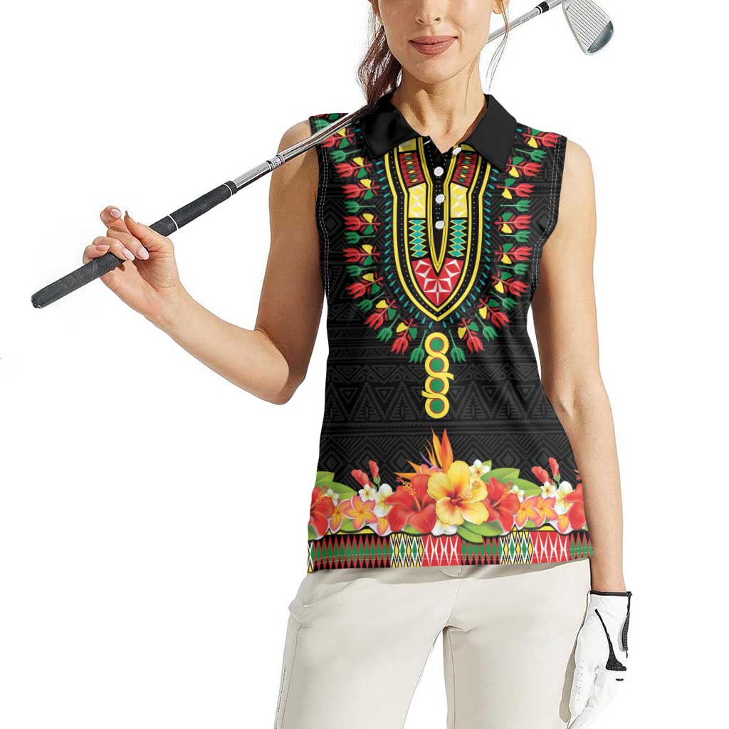 Personalized Hibiscus Mix Dashiki African Pattern Women Sleeveless Polo Shirt Adinkra Symbol - Wonder Print Shop