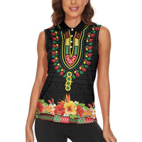 Personalized Hibiscus Mix Dashiki African Pattern Women Sleeveless Polo Shirt Adinkra Symbol - Wonder Print Shop