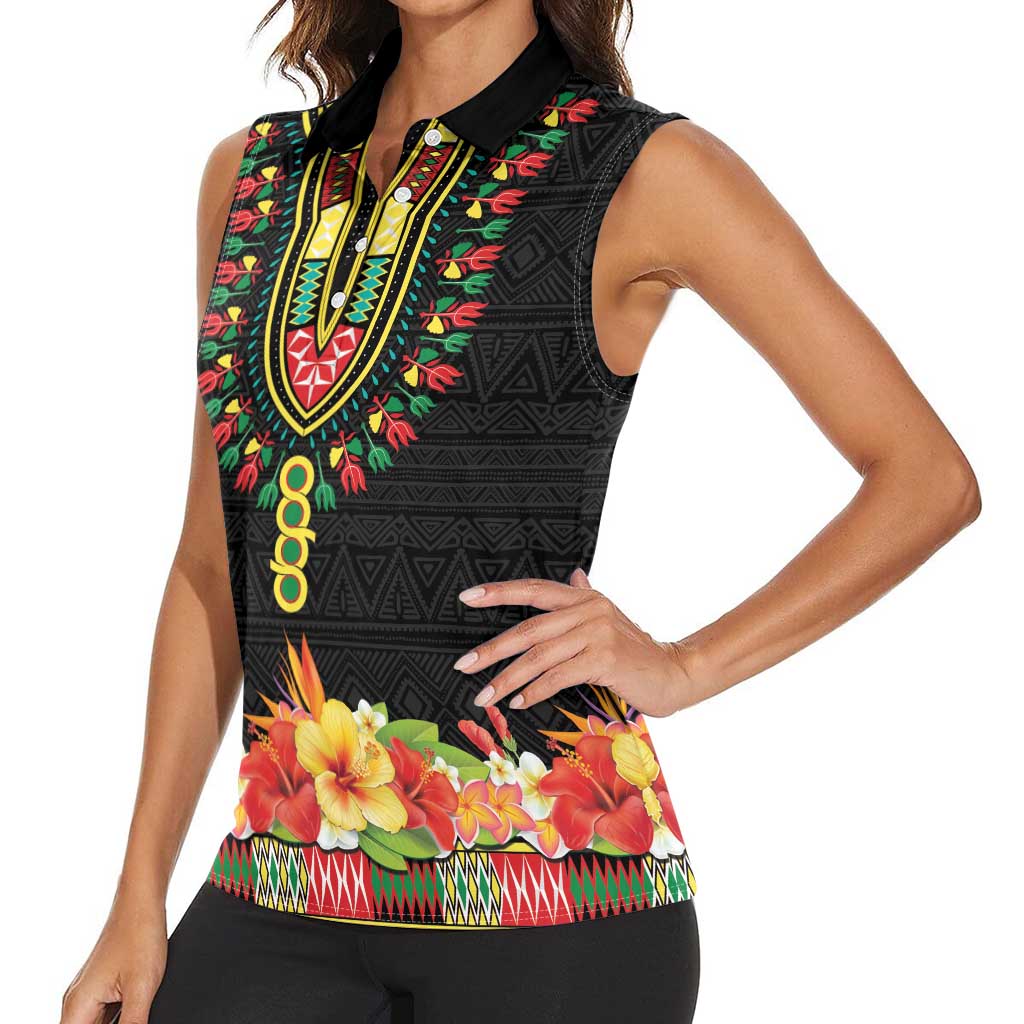 Personalized Hibiscus Mix Dashiki African Pattern Women Sleeveless Polo Shirt Adinkra Symbol - Wonder Print Shop