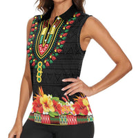 Personalized Hibiscus Mix Dashiki African Pattern Women Sleeveless Polo Shirt Adinkra Symbol - Wonder Print Shop