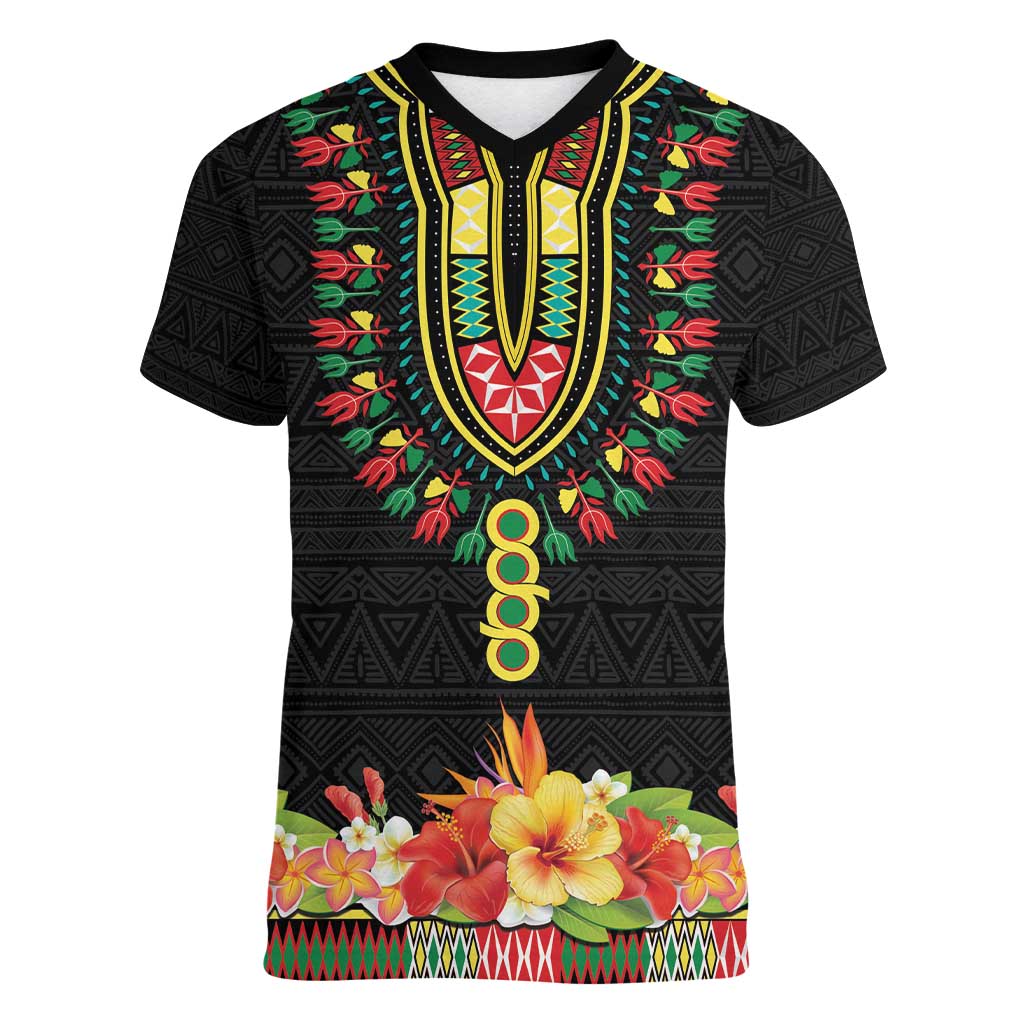 Personalized Hibiscus Mix Dashiki African Pattern Women V-Neck T-Shirt Adinkra Symbol - Wonder Print Shop