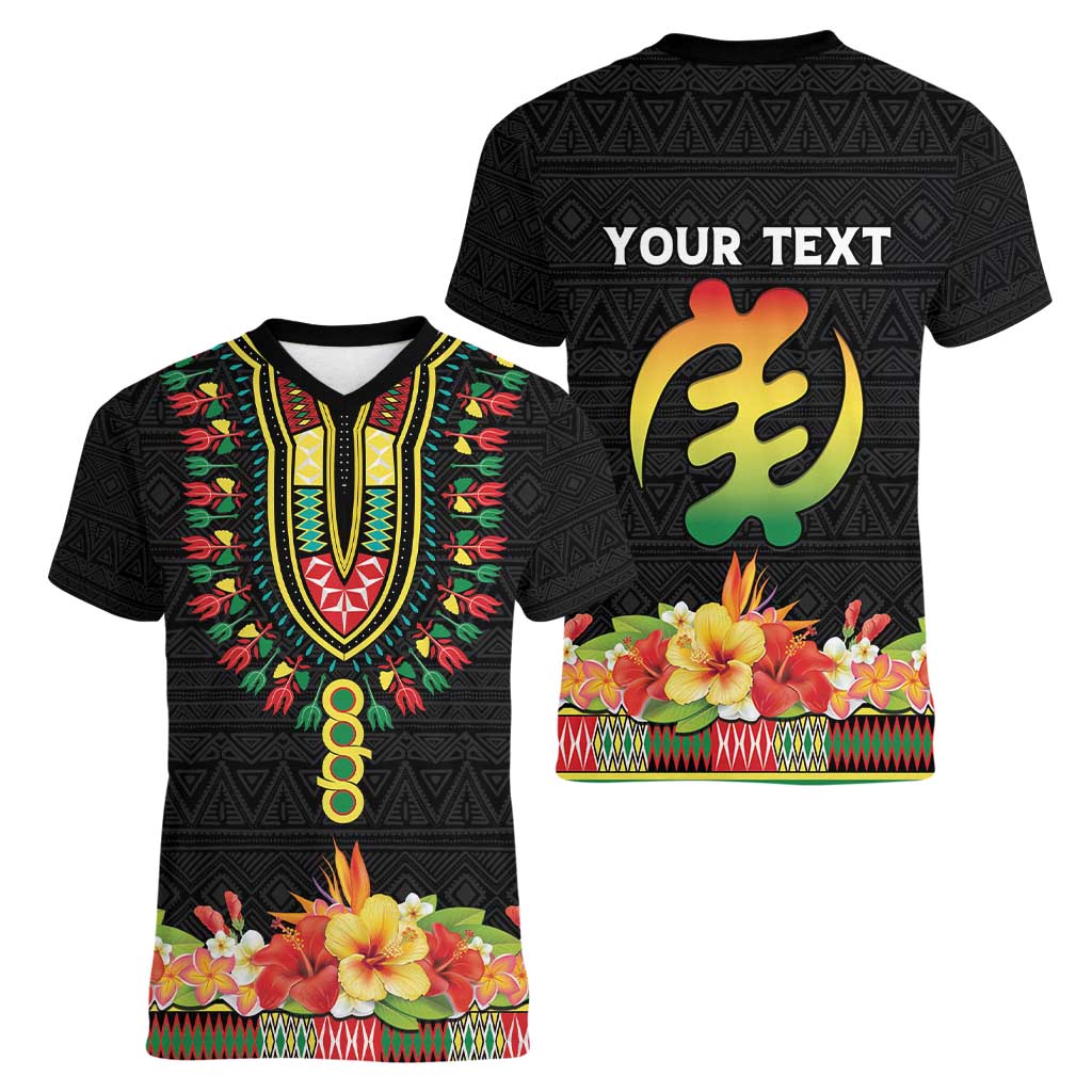 Personalized Hibiscus Mix Dashiki African Pattern Women V-Neck T-Shirt Adinkra Symbol - Wonder Print Shop