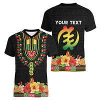 Personalized Hibiscus Mix Dashiki African Pattern Women V-Neck T-Shirt Adinkra Symbol - Wonder Print Shop