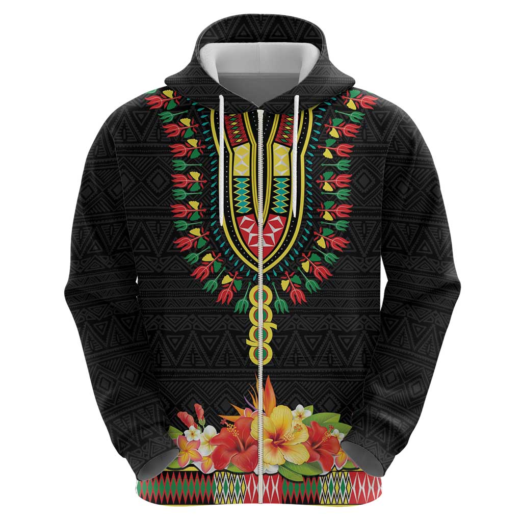 Personalized Hibiscus Mix Dashiki African Pattern Zip Hoodie Adinkra Symbol - Wonder Print Shop