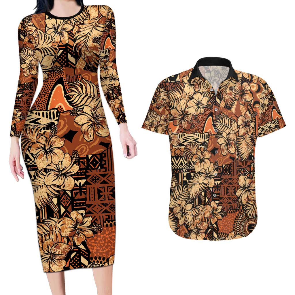 Hibiscus Mix African Pattern Couples Matching Long Sleeve Bodycon Dress and Hawaiian Shirt - Wonder Print Shop