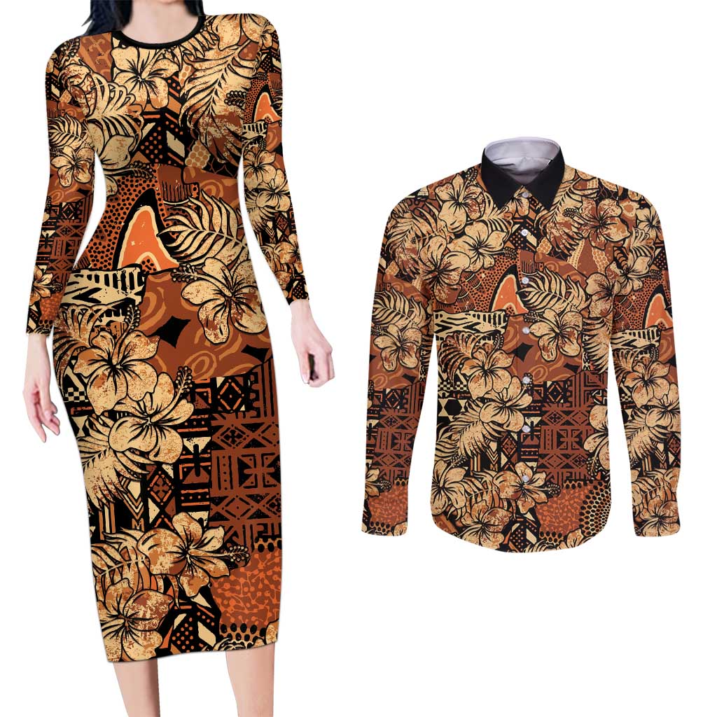Hibiscus Mix African Pattern Couples Matching Long Sleeve Bodycon Dress and Long Sleeve Button Shirt - Wonder Print Shop