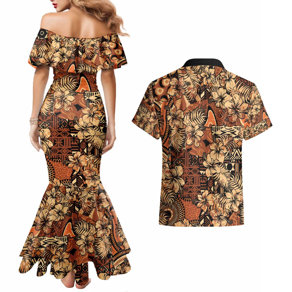 Hibiscus Mix African Pattern Couples Matching Mermaid Dress and Hawaiian Shirt - Wonder Print Shop