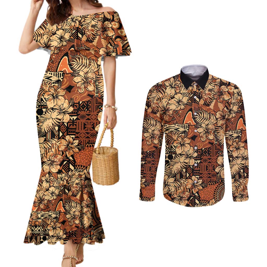 Hibiscus Mix African Pattern Couples Matching Mermaid Dress and Long Sleeve Button Shirt - Wonder Print Shop