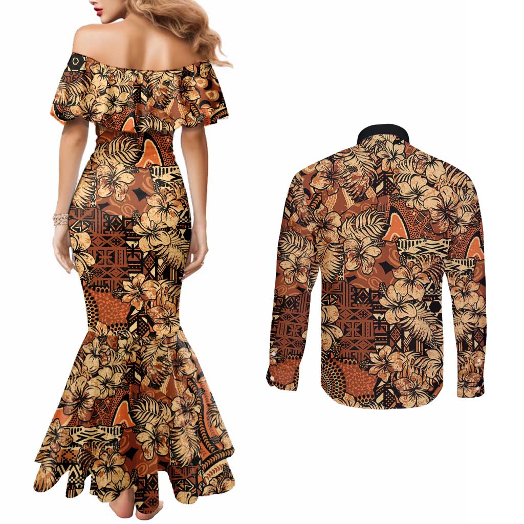 Hibiscus Mix African Pattern Couples Matching Mermaid Dress and Long Sleeve Button Shirt - Wonder Print Shop