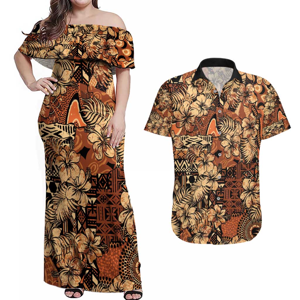Hibiscus Mix African Pattern Couples Matching Off Shoulder Maxi Dress and Hawaiian Shirt - Wonder Print Shop