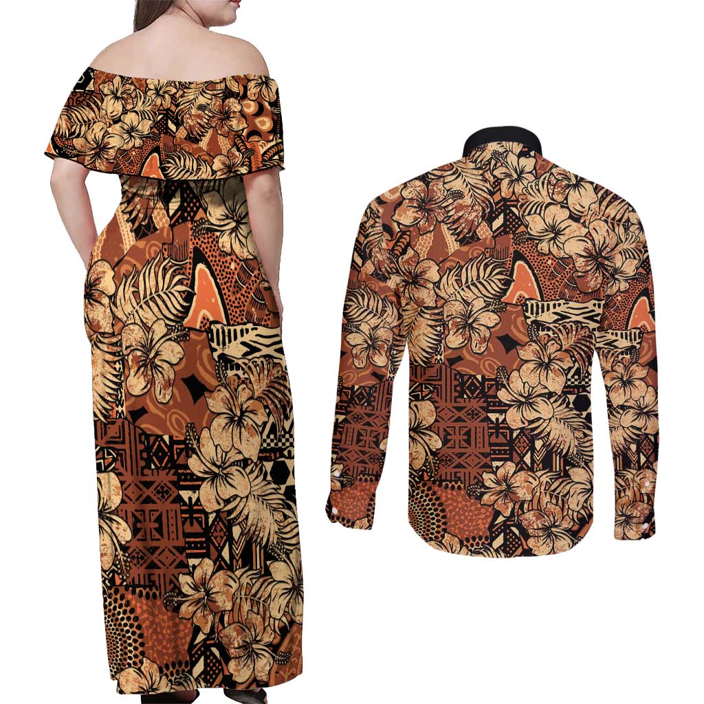 Hibiscus Mix African Pattern Couples Matching Off Shoulder Maxi Dress and Long Sleeve Button Shirt - Wonder Print Shop