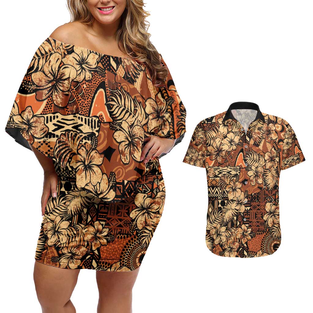 Hibiscus Mix African Pattern Couples Matching Off Shoulder Short Dress and Hawaiian Shirt - Wonder Print Shop