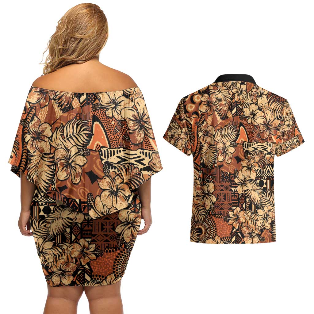 Hibiscus Mix African Pattern Couples Matching Off Shoulder Short Dress and Hawaiian Shirt - Wonder Print Shop