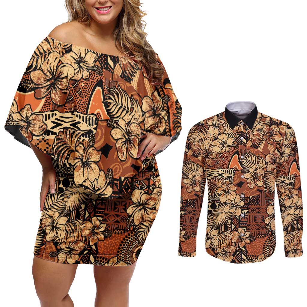 Hibiscus Mix African Pattern Couples Matching Off Shoulder Short Dress and Long Sleeve Button Shirt - Wonder Print Shop