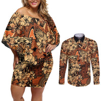 Hibiscus Mix African Pattern Couples Matching Off Shoulder Short Dress and Long Sleeve Button Shirt - Wonder Print Shop