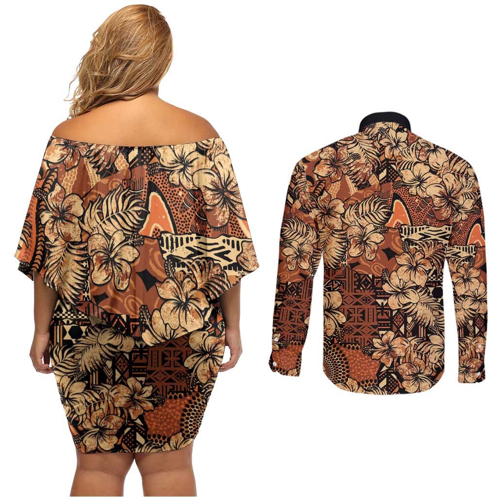 Hibiscus Mix African Pattern Couples Matching Off Shoulder Short Dress and Long Sleeve Button Shirt - Wonder Print Shop