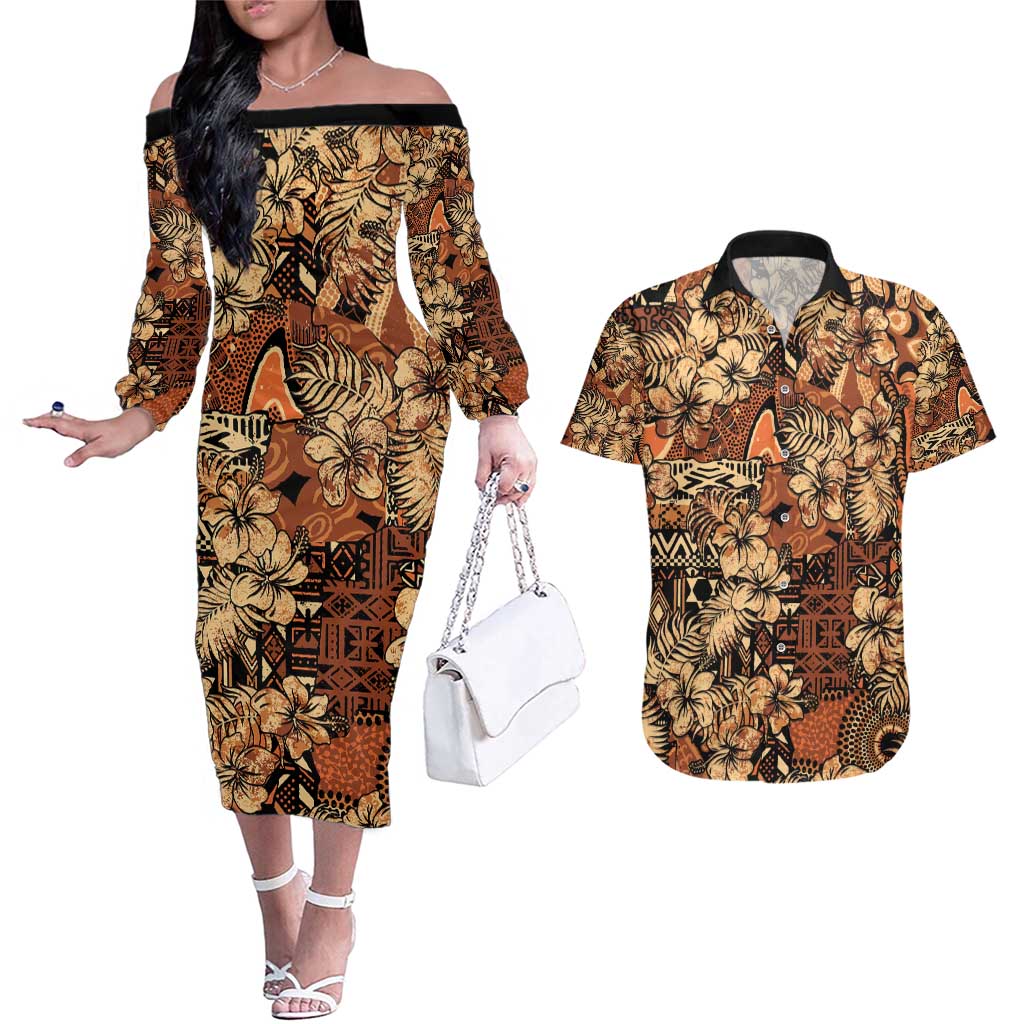 Hibiscus Mix African Pattern Couples Matching Off The Shoulder Long Sleeve Dress and Hawaiian Shirt - Wonder Print Shop