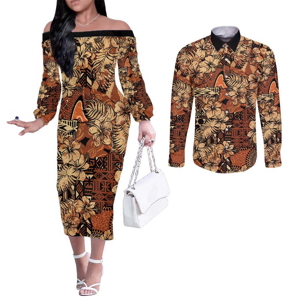 Hibiscus Mix African Pattern Couples Matching Off The Shoulder Long Sleeve Dress and Long Sleeve Button Shirt - Wonder Print Shop
