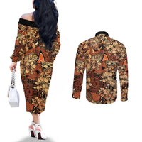 Hibiscus Mix African Pattern Couples Matching Off The Shoulder Long Sleeve Dress and Long Sleeve Button Shirt - Wonder Print Shop