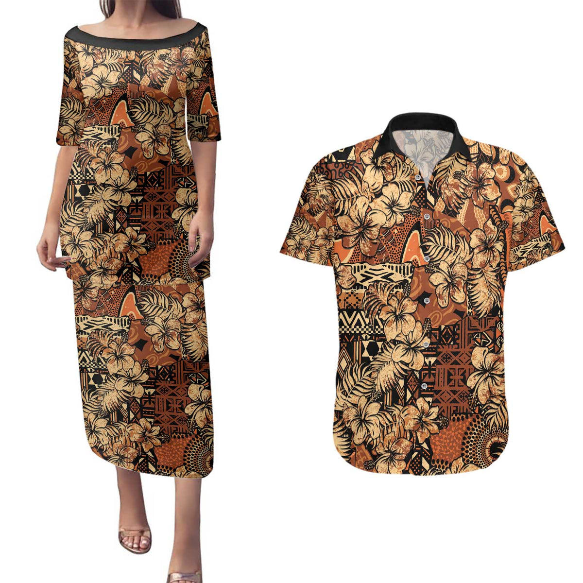 Hibiscus Mix African Pattern Couples Matching Puletasi and Hawaiian Shirt - Wonder Print Shop
