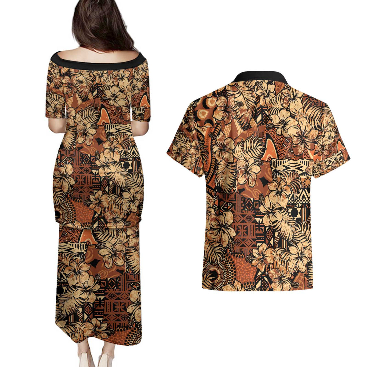 Hibiscus Mix African Pattern Couples Matching Puletasi and Hawaiian Shirt - Wonder Print Shop