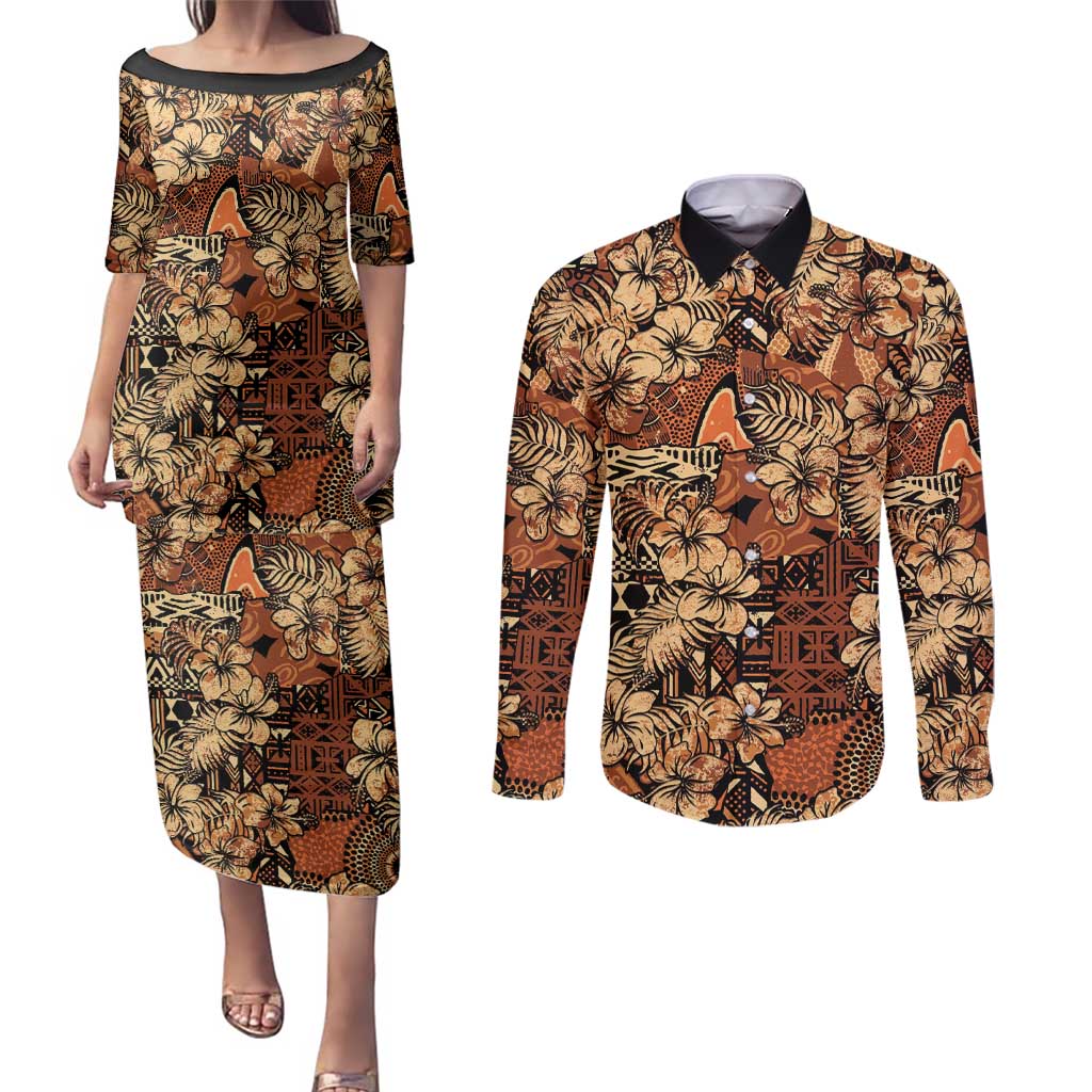 Hibiscus Mix African Pattern Couples Matching Puletasi and Long Sleeve Button Shirt - Wonder Print Shop