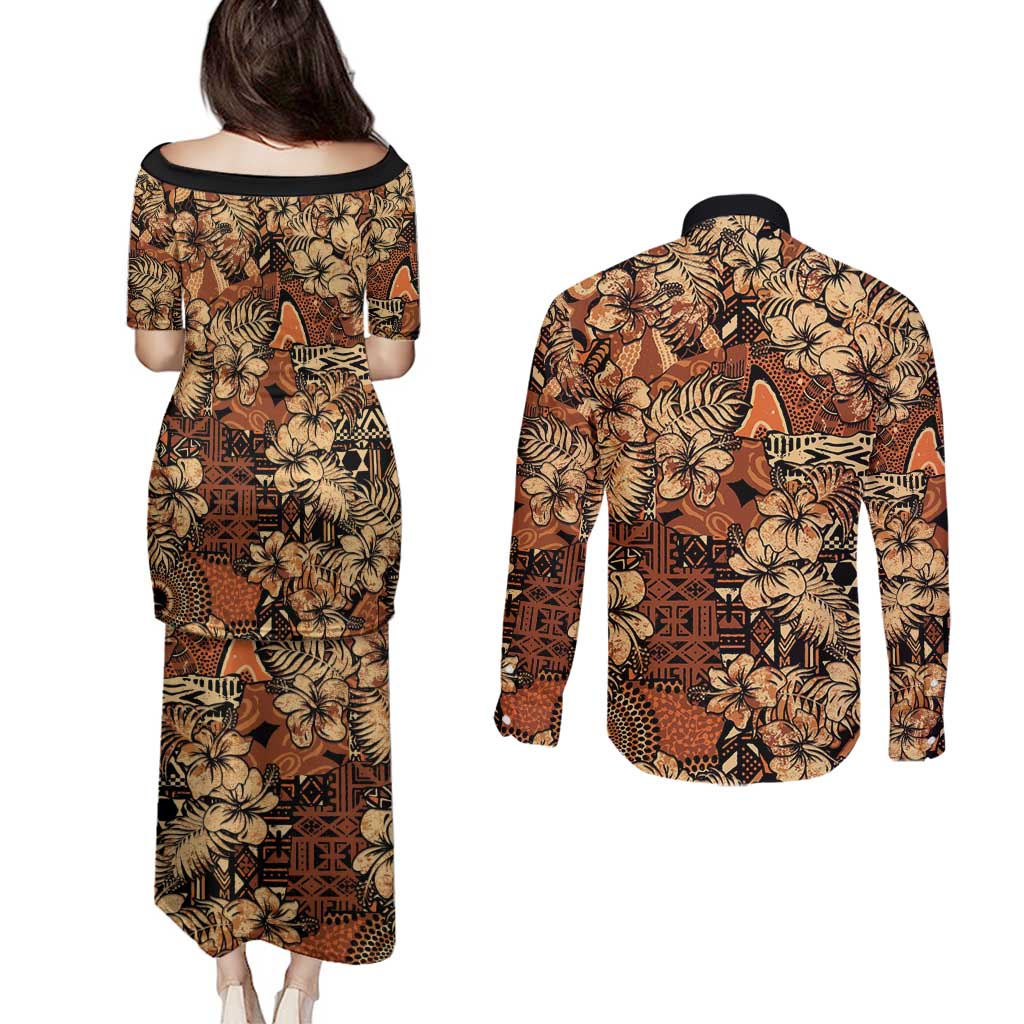 Hibiscus Mix African Pattern Couples Matching Puletasi and Long Sleeve Button Shirt - Wonder Print Shop