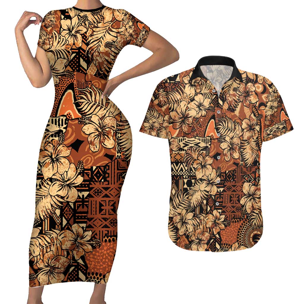 Hibiscus Mix African Pattern Couples Matching Short Sleeve Bodycon Dress and Hawaiian Shirt - Wonder Print Shop