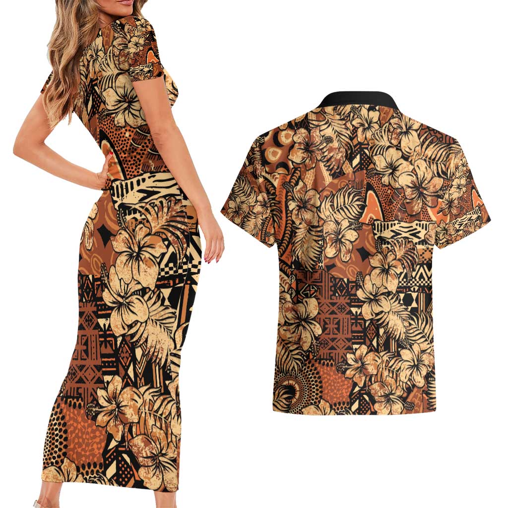 Hibiscus Mix African Pattern Couples Matching Short Sleeve Bodycon Dress and Hawaiian Shirt - Wonder Print Shop